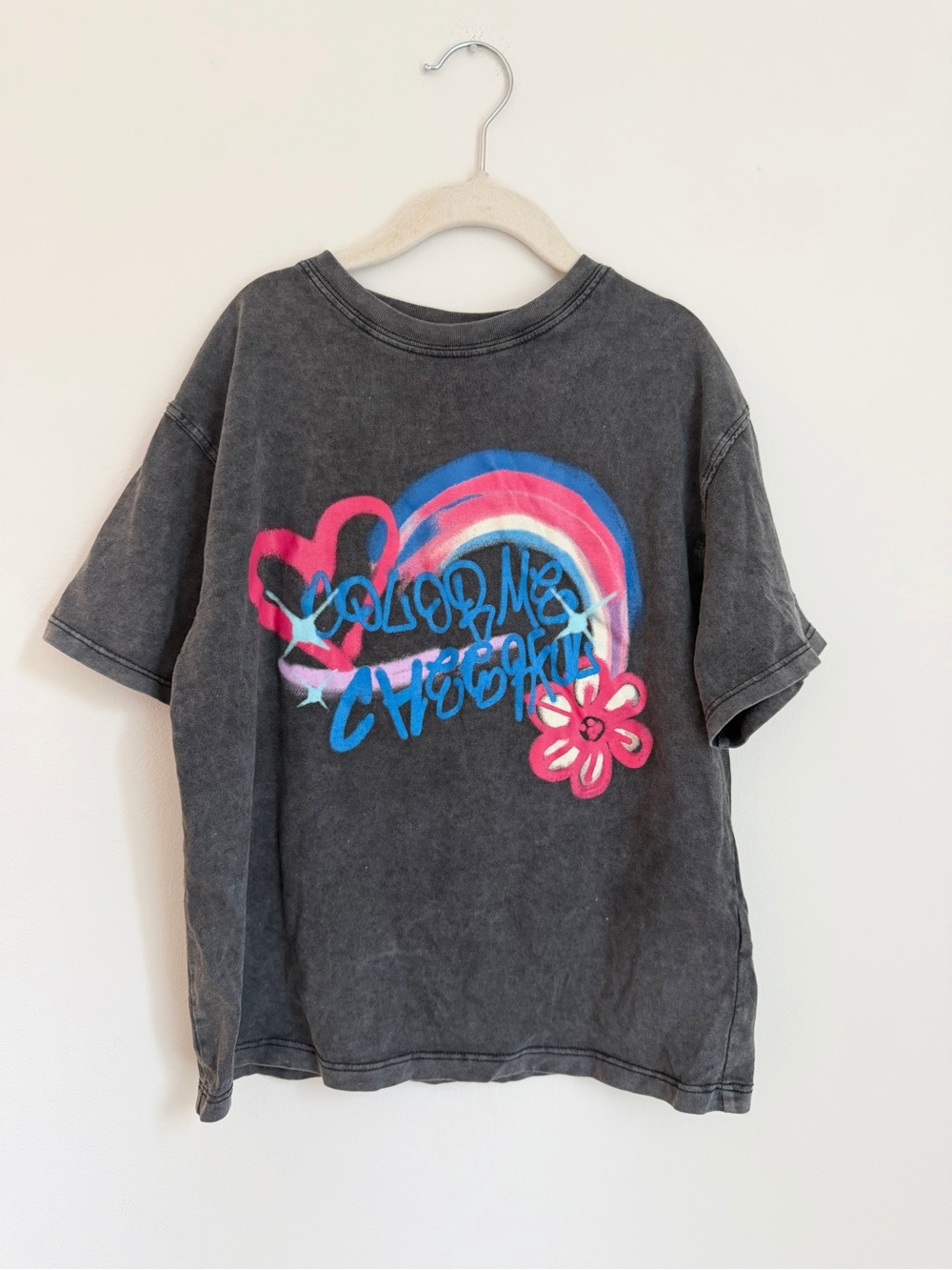 Zara Washed Black Graphic Tee with Pink & Blue Design (Size 8-9)